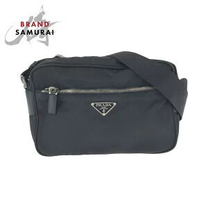 Prada Tessuto triangular plate black leather shoulder bag camera pochette